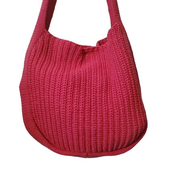 Handmade Hot Pink Knit Crochet Tote Bag With Long Shoulder Strap - Picture 3 of 4